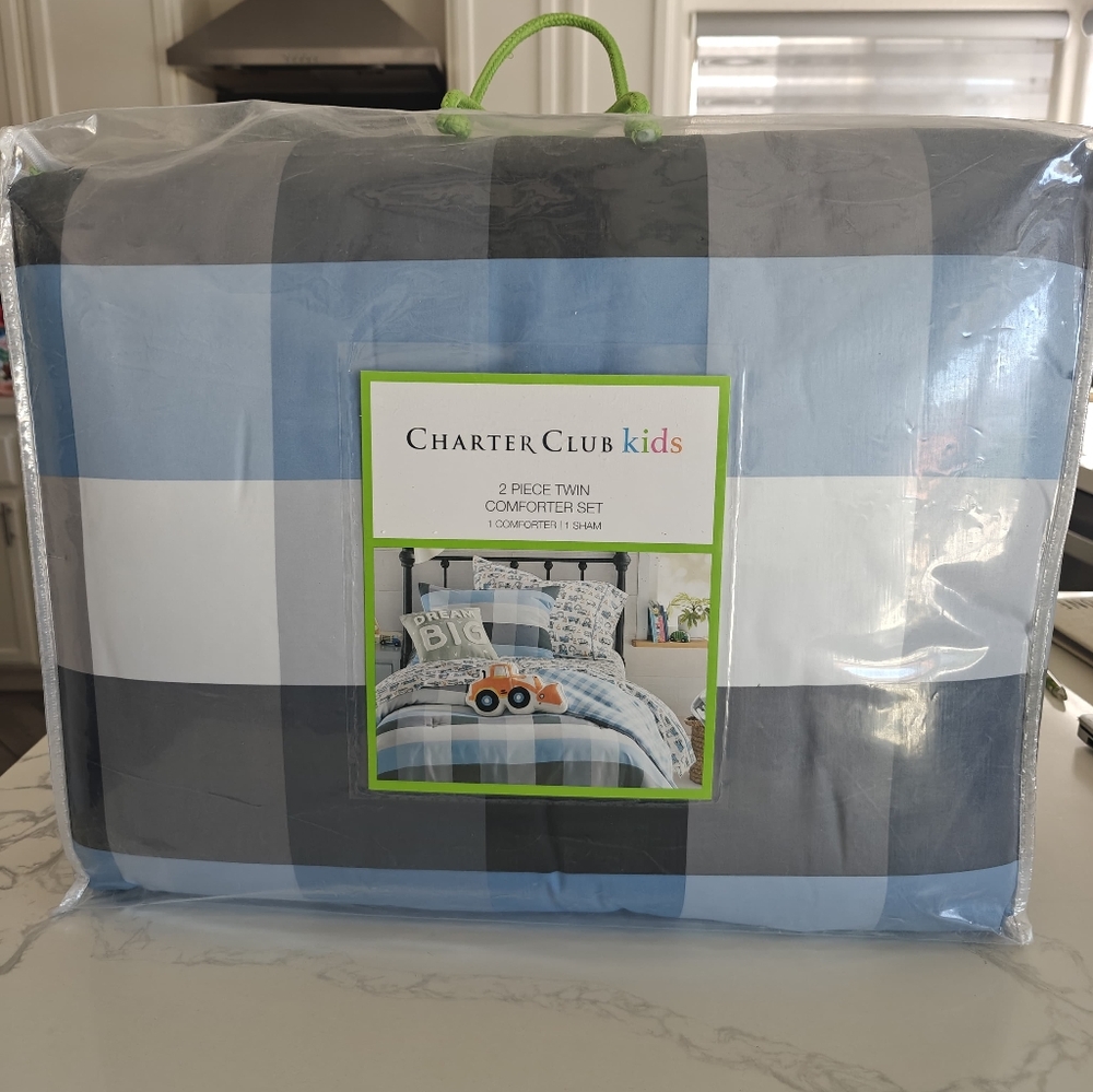Charter Club Kids Gingham 3-Pc. Comforter Set Blue Twin - NWT